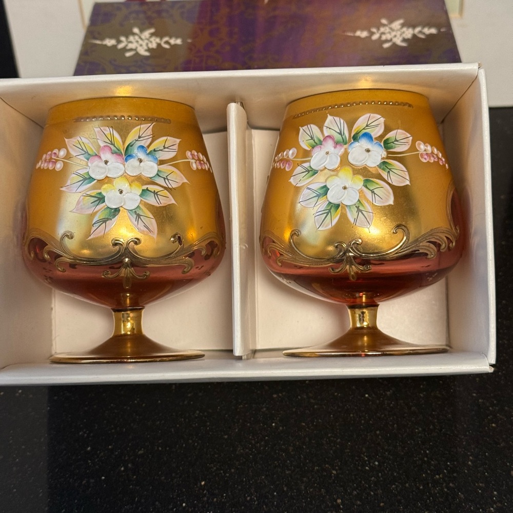 Bohemian Glass Brandy Gold and Red Floral Goblets
Set -2 vintage